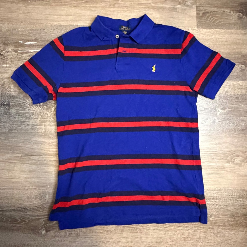 Polo Ralph Lauren Boys XL 18-20 Striped Polo Shirt Blue Red Short Sleeve Pony